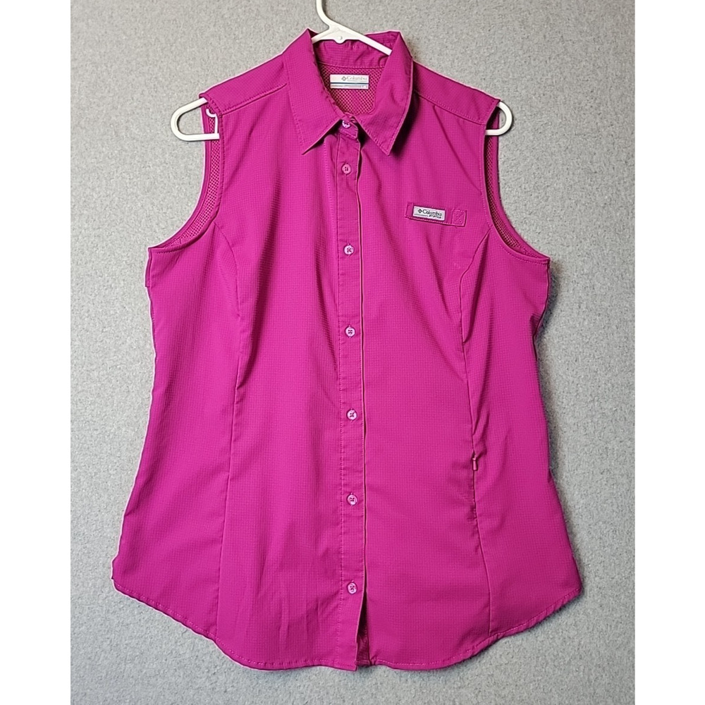 Columbia PFG Fuschia Sleeveless Vented Button Up Shirt Women's Large Pockets